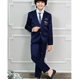 BT DEZINES Satin Full Sleeves Solid 3 Piece Party Suit Set With Polka Dots Printed Tie - Navy Blue-image-91