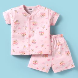 Pink Rabbit Single Jersey Knit Half Sleeves Shorts Co-Ord Night Suit With Animal Print - Light Pink-image-19