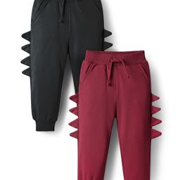 Bonfino 100% Cotton Knit Solid Colour Lounge Pants With 3D Spikes Pack Of 2 - Black & Maroon-image-38