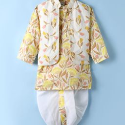 Teentaare Cotton Woven Full Sleeves Kurta Dhoti Set with Jacket & Floral Print - Yellow & White-image-91