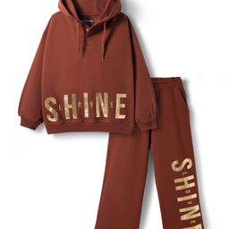 Pine Kids Looper Knit Full Sleeves Hooded Winter Wear Suit With Shine Text Print - Brown-picture-28