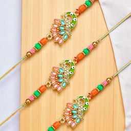 ADIVA Set of 3 Gold-Plated Beaded Thread Rakhi With Pooja Thali & Roli Chawal Bag Gift Set-image-38