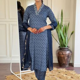 KALINI Leheriya Printed V-Neck Sequinned Straight Kurta With Trousers & Dupatta-5