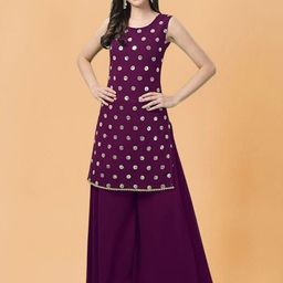 PARROT CREATION Geometric Embroidered Sequinned Georgette Kurti with Sharara And Dupatta image 5
