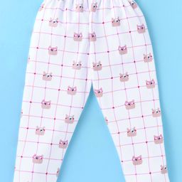 Simply Interlock Knit Full Sleeves Front Open Night Suit With Checks & Bear Print - Pink & White image 4