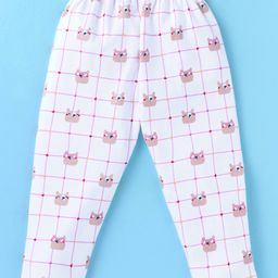 Simply Interlock Knit Full Sleeves Front Open Night Suit With Checks & Bear Print - Pink & White image 5