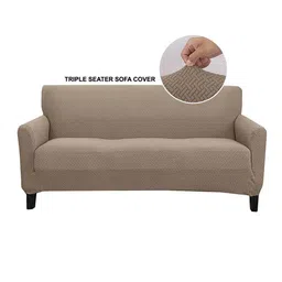 HOUSE OF QUIRK Khaki-Brown Self-Design Jacquard Stretchable Elasticity 3-Seater Sofa Cover With Arms image 2