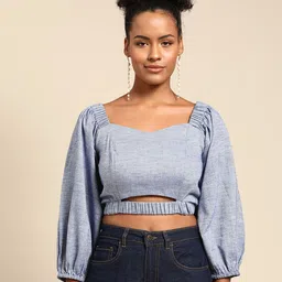 WoowZerz Sweetheart Neck Puff Sleeves Cotton Cinched Waist Crop Top-picture-17