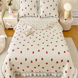 JC HOME White & Red Double Bed King Cover With Pillow Covers-image-58