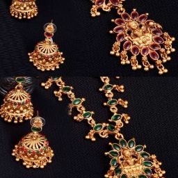 Panash Gold Plated & Green Reversible Ruby Stone Temple Jewellery Set-17