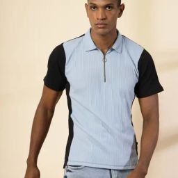 Rigo Light Blue & Black Cotton Relaxed Fit Colour Block Polo T-Shirt-37