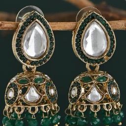 Fida Green Teardrop Kundan Jhumki Earrings with Bead Drops-31