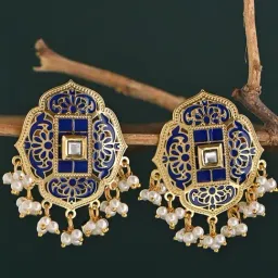 Fida Navy Meenakari Floral Design Stud Earrings with Pearl Drops-picture-7