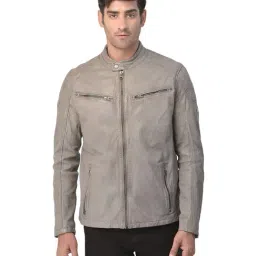 Woods Light Grey Mandarin Collar Leather Jacket-33