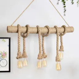 Homesake Fixture Vintage Brown Wood 6-In-1 Hemp Rope Pendant Decor Light (Bulb not included)-image-13