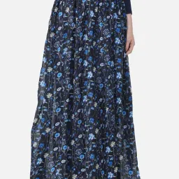 Cation Navy Floral Pattern A-Line Skirt-image-66