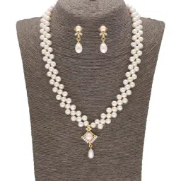 Sri Jagdamba Pearls Sweetheart Pearl White & Golden Necklace and Earring Set-45