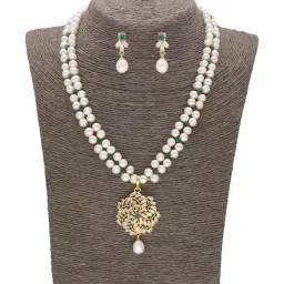 Sri Jagdamba Pearls Heirloom of Love Green & Pearl White Necklace and Earring Set-18