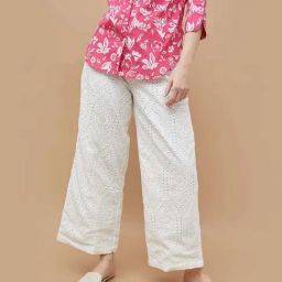 Colour Me by Melange White Cotton Embroidered Trousers-image-2