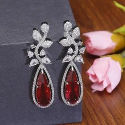 Zeneme Rhodium Plated Red AD Teardrop Crawler Drop Earrings-10