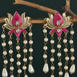 Fida Pink Lotus Pearls Tasselled Floral Dangler Earrings-20