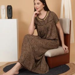 Sweet Dreams Brown Cotton Regular Fit Geometric Print Night Dress-image-93