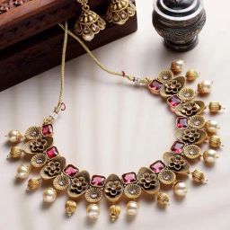 Panash Gold Plated & Red Antique Jewellery Set-36