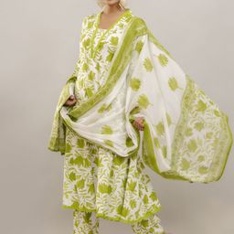 GEKHA Women Printed Regular Thread Work Pure Cotton Kurta with Trousers & With Dupatta image 2
