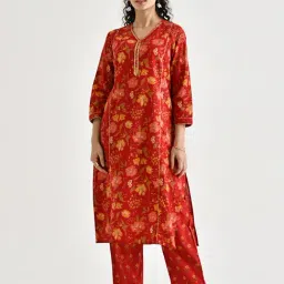 Rustorange Red Floral Print A Line Kurta-picture-40