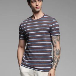 Jack & Jones Blue Cotton Slim Fit Striped T-Shirt-image-22