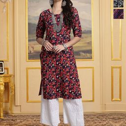 HERE&NOW Women Ethnic Motifs Printed Round Neck Straight Kurtas-image-119