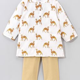 Babyhug Cotton Woven Full Sleeves Kurta & Pyjama Set Camel Print - Off White-image-17