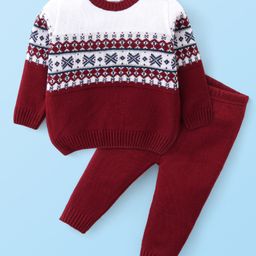 Babyhug Knit Full Sleeves Baby Sweater Set Intarsia Design - Maroon-image-35