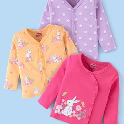 Babyhug 100% Cotton Knit Full Sleeves Front Open Jhablas Bunny Print Pack of 3 - Pink Orange & Purple-picture-5