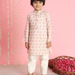 READIPRINT Full Sleeves Damask Motif Printed Kurta With Coordinating Nehru Jacket & Pyjama - Pink-3