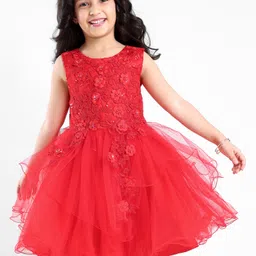 Mark & Mia Sleeveless Party Frock With Net & Floral Corsage - Red-picture-35