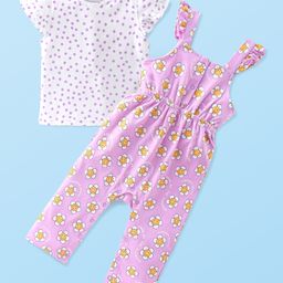 Babyhug 100% Cotton Knit Single Jersey Dungarees & Half Sleeves T-Shirt With Floral Print - White & Lilac-image-85