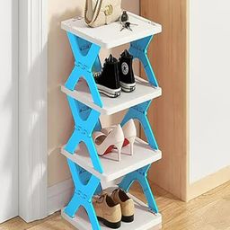 House of Quirk 4 Tier Collapsible Shoes StandShoe Tower Rack Suit for Small Spaces Easy Assembly & Stable in StructureCorner Storage Cabinet for Saving Space  - Blue Plastic-image-4