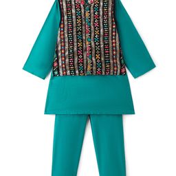 Babyhug Woven Full Sleeves Solid Colour Kurta Pyjama Set with Floral Embroidered Jacket - Teal Blue-image-99