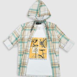 CAVIO Cotton Full Sleeves Checked Hooded Shirt With Tee - Lemon-image-77