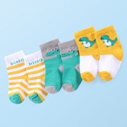 Cute Walk by Babyhug Anti-bacterial Ankle Length Striped & Dino Design Socks Pack of 3 - Yellow Green & White-image-64