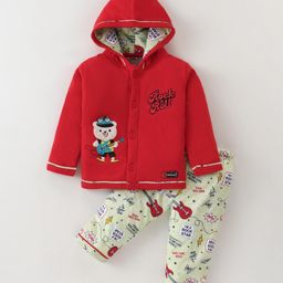 Little Darlings Quilted Cotton Full Sleeves Hooded Winter Night Suit With Teddy Embroidery - Red-image-99