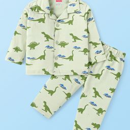 Babyhug Cotton Knit Full Sleeves Dino Printed Night Suit - Light Green-21