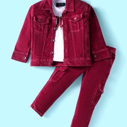 Robo Fry Velvet Knit Full Sleeves Solid ShirtT-Shirt & Trouser Set with Text Patch - Maroon-image-62