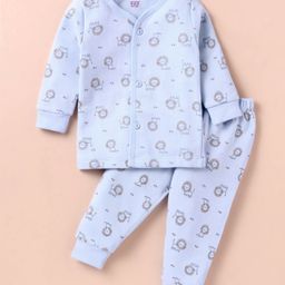 Simply Fleece Knit Full Sleeves Front Open Winter Wear Night Suit with Lion Print - Light Blue-image-37