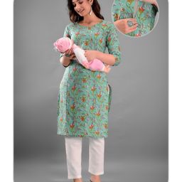 Kaheksa Cotton Three Fourth Sleeves Floral Printed Maternity Kurta With Concealed Zipper Nursing Access - Green-picture-28
