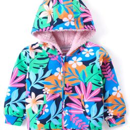 Babyhug Cotton Knit Full Sleeves Front Open Hooded Sweatjacket with Floral Print & Kangaroo Pockets - Navy Blue-image-17