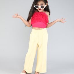 Taffykids Net Ruffle Detailed Singlet Party Crop Top With Solid Pant Set - Pink & Yellow-picture-15