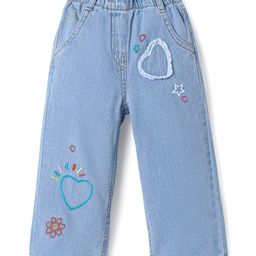 Bonfino 100% Cotton Wild Leg Full Length Denim Jeans With Heart Embroidery -Blue-image-100