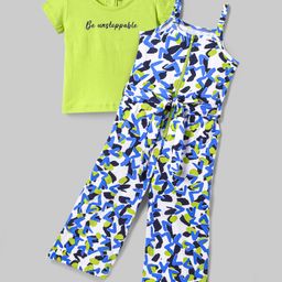 Ollington St. 100% Cotton Half Sleeves Top & Printed Knit Dungaree- Green & Multicolor-image-27
